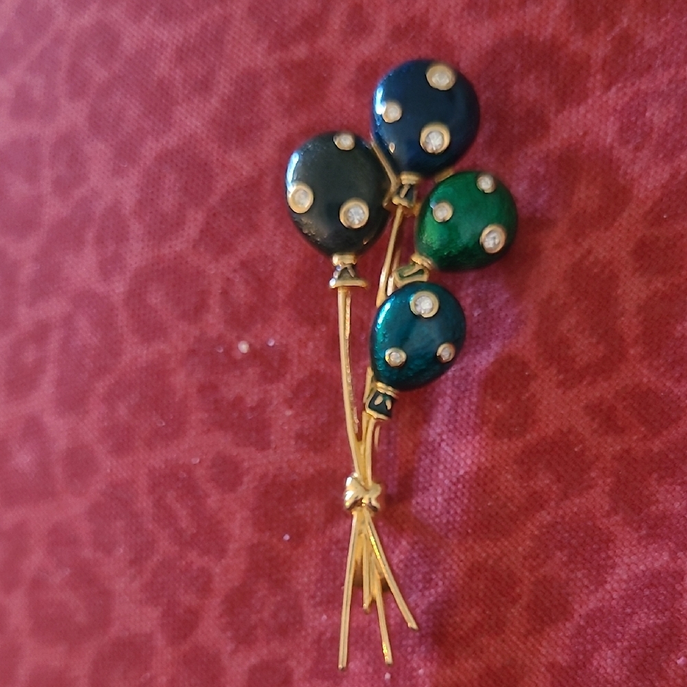 Gold-Tone Swarovski Balloon Bouquet Brooch with Blue and Green Enamel